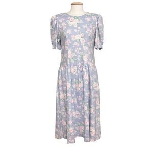 VTG Lanz Originals Womens Dress L Blue Floral Puff Sleeve Prairie Cottagecore